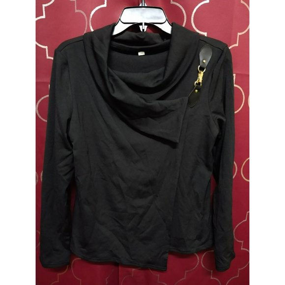 Leather Buckle Black Cowl Neck Top with long sleeves size Medium - Picture 4 of 6